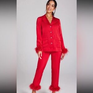NADINE MERABI Darcie Red Satin Pajama Set with Feather Cuffs